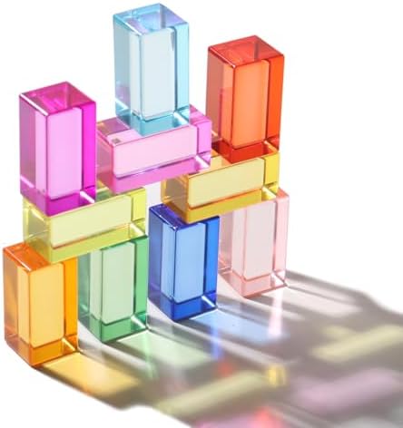 Dinhon 10 Pcs 10 Unique Colors Elongated Acrylic Blocks - 2.5x2.5x5CM Rainbow Gem Rectangular Cubes, Sensory Stacking Toy for 1-5 Years Old, Birthday Gift - Image 2