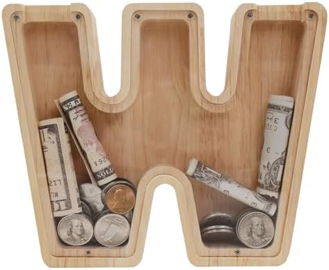 Wooden Letter Piggy Bank for Kids Boys Girls, A-Z Letters Wood Coin Bank Money Box, Piggy Bank for Toddler Family Christmas Birthday Gift(W) by FINDAMAZE