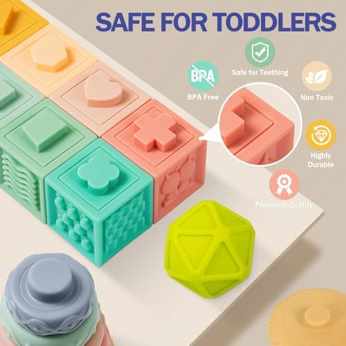 Baby Toys 6 to 12 Months, 5 In 1 Montessori Toys for 1 Year Old, Incl Travel Pull String Toy & Rattle Teether & Stacking Baby Block & Soft Infant Ring & Sensory Ball for Toddler 0-3-6-9-12 Month - Image 2