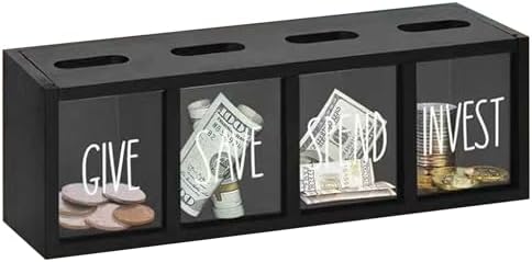 Save Spend Give Bank for Kids, Wooden Piggy Bank with 4 Compartments, Transparent Wall-Mount Savings Box with Magnetic Lid, Black by Unknown