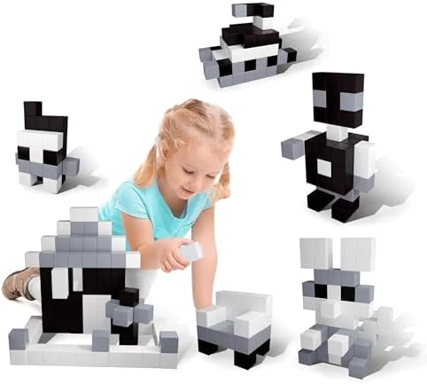 PicassoTiles 101pc Magnetic Puzzle Cube Set Black and White 1 Inch Construction Blocks STEM Educational Toy for Kids Age 3 Plus Sensory Learning Kit with Idea Book for Building and Creativity PMC101 by PicassoTiles