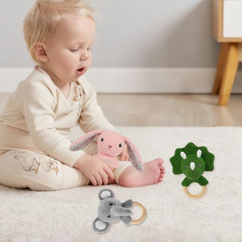 Baby Toys Stuffed Animals Handbell,Elephant Rattle Toy Wooden Rattle Toys for Baby,Knit Stuffed Animal Cute Rattle with Teether Ring Newborn Birthday Gifts（Elephant） - Image 5