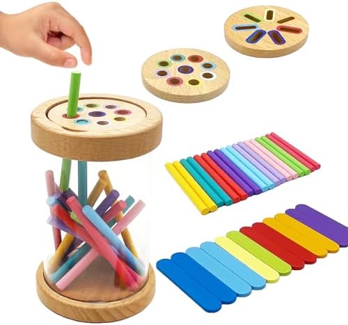 Montessori Wooden Stick Color Sorting Toys for 3 Year Old, Dual Play Educational Preschool Learning Fine Motor Skills Sensory Toys for Toddlers 3-5 Girl Boy Birthday Gifts (Acrylic Bucket) by Unknown