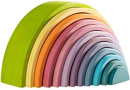Wooden Rainbow Stacking Toy, 12 Piece Multicolor Wooden Arch Stacker, Extra Large Pastel Bow Shaped Stacking Toy, Nesting Puzzle Building Blocks Educational Toys for Kids Toddlers by MerryHeartWoodenToy