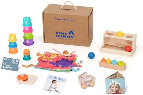Pine Bunny Montessori Wooden 11-in-1 Toy Set for 10+ Months, Cylinder Block, Push Ball Box, Mirror Puzzle, Stacking Cups Rabbit Rattle Soft Book Educational Learning Color Recognition Fine Motor Toys by Unknown