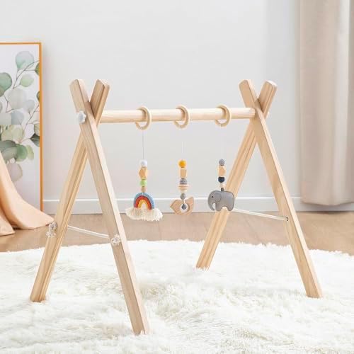 Wooden Baby Gym with 3 Handmade Hanging Toys, Natural Solid Wood Baby Play Gym for Tummy Time & Sensory Play, Foldable No-Tools Activity Gym for Babies 0-12 Months, Baby Shower Gift - Image 6