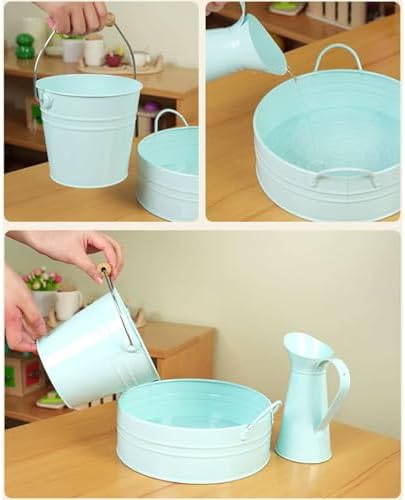 Montessori Washing Work Set, Metal Basin, Bucket & Pitcher Set, Kids Practical Life Sensory Toy,Blue - Image 5