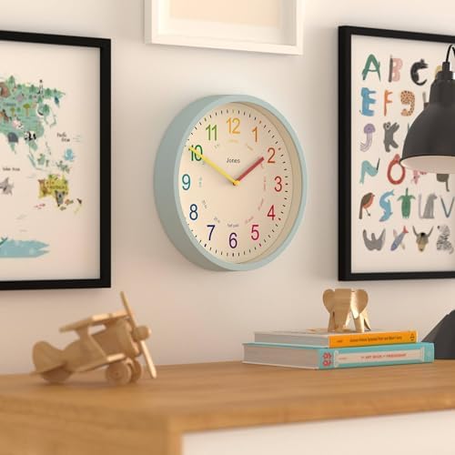 JONES CLOCKS® Kids wall Clock | Small Modern Children’s Nursery Clock | 10" | Pale Blue | Colourful dial for Learning to Tell the time - Image 4