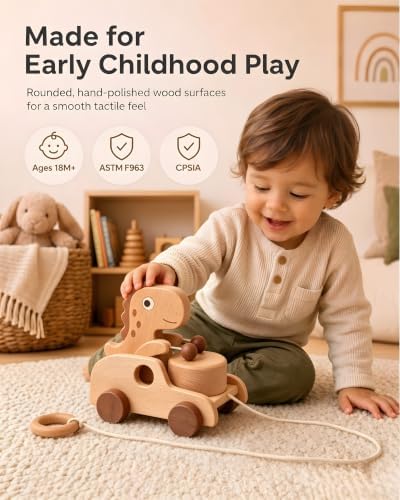 Wooden Dinosaur Pull Toy| Beech Wood Pull Along Dino for Toddlers - Image 6