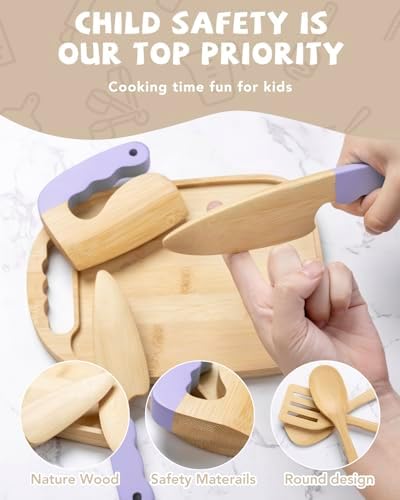 Wooden Kids Cooking Set Montessori Kit - Real Toddler Kitchen Tools & Baking Utensils - 30PCS Cooking Kit for Kids with Storage Bag, Great Gift for Pretend Play & Montessori Learning (Purple) - Image 2