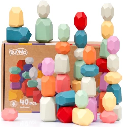BUNMO Wooden Blocks 40 pcs, Non-Toxic Toddler Toys | Perfect as Sensory Table Stacking Rocks | Toddler Montessori Toys for Screen-Free, Hands-On Fun | Wood Blocks or Stacking Stones for Building by BunMo