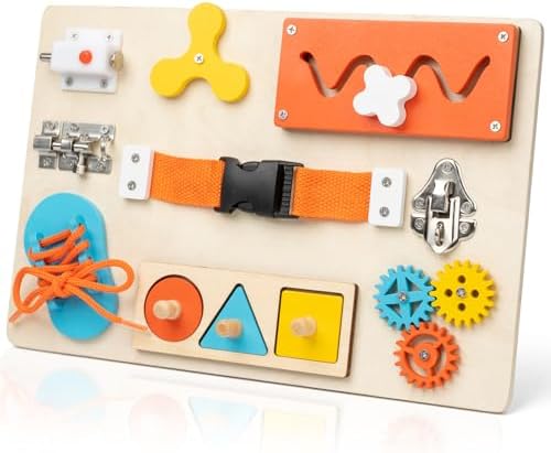 Montessori Busy Board for Toddlers, 9-in-1 Wooden Sensory Toys by KDSFT