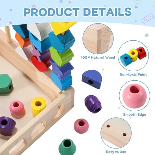 3 in 1 Montessori Wooden Beads Sequencing Toy Set Color Sorting Stacking Geometric Shape Matching Game Beads Sequencing Toy Lacing Beads Stem Fine Motor Skills for Toddlers - Image 6