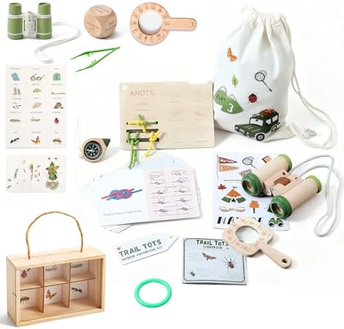 WOODEN TEETHER Kids Outdoor Explorer & Scavenger Hunt Play Set, Nature Exploration Kit with Knot-Tying Board, Binoculars, Compass, Specimen Box & Treasure Cards, STEM Gift for Ages 4–8 by WOODENTEETHER