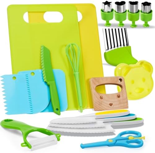 Olanrun Kids Safe Knife Set for Real Cooking | 19-Piece Toddler Knife Cooking Set | Montessori Kitchen Tools Toys Ages 3–12 | BPA-Free, Dishwasher-Safe | Christmas, Birthday, Stocking Stuffer Gifts by OLANRUN