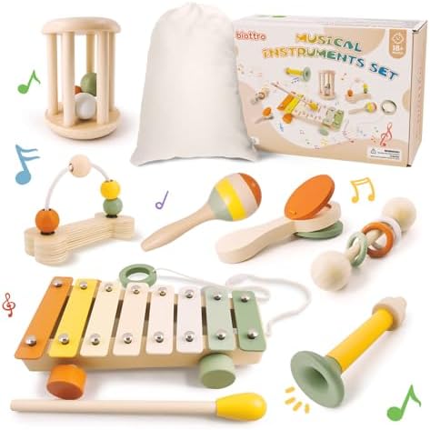 Wooden Musical Instruments for Toddlers 2+ Year Old Montessori Xylophone Maracas Clapper Rattles Trumpet Baby Musical Toys with Storage Bag Gifts for Boys Girls by Biottro