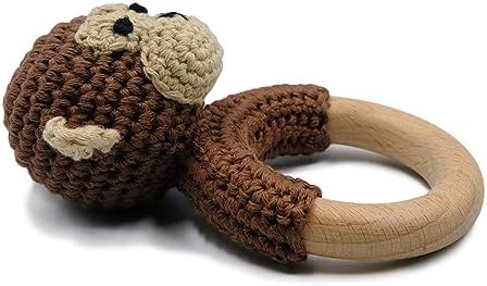 Joliecraft Safari Animals Wooden Baby Rattle Toys Stuffed Crochet Rattle with Teether Ring for Newborn, Brown Monkey - Image 2