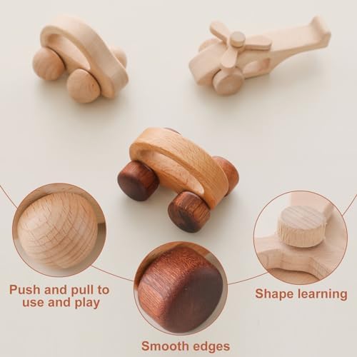 Wooden Baby Car and Airplane Toys,Wood Push Car for Toddler Montessori Baby Grip Toy Car,Gifts for Boys and Girls,Push and Pull Toy Car 3 Pieces - Image 4