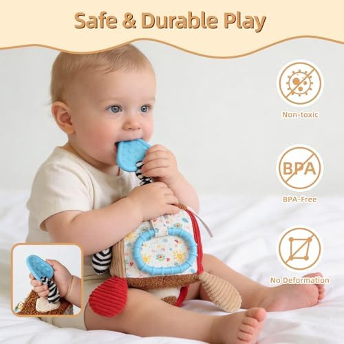 Baby Car Seat Toys Hanging-Carseat Dog Cube Toy, Infant Sensory Toys for 6 7 8 9 10 11 12 Months, Travel Activity with Rattle, Montessori Plush Newborn Girl Boy Gifts - Image 4