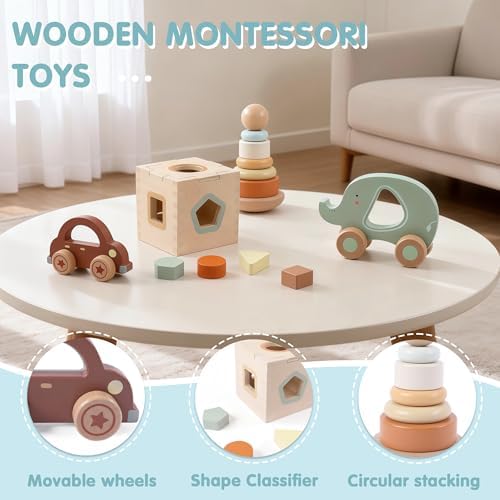 FReniland Wooden Baby Toy Set for 12M+, Montessori Grasping & Stacking Toys, Elephant & Car Sensory Toys, Natural Wood Fine Motor Skill Development Gift for Boys & Girls - Image 2