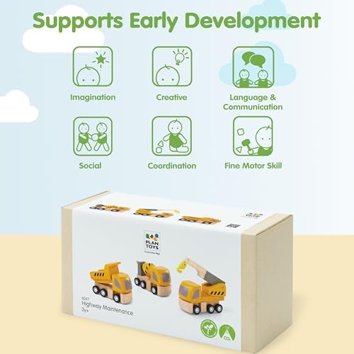 PlanToys® Highway Maintenance Wooden Montessori Vehicle Imaginative Kids Set - Image 4