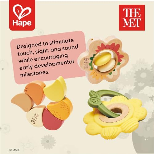 Hape x The Met Artful Flowers Rattle Trio Set – 3-Piece Baby Sensory Toy Set with Teether, Wood & Elastic Flower Rattles, Ages 6–18M - Image 7