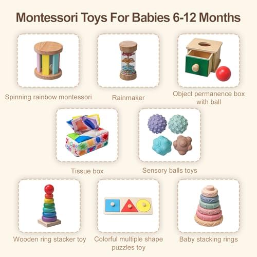 Montessori Toys for Babies 6-12 Months,8 in 1 Developmental Learning Toys Set Wooden Sensory Toys for Baby Toys 12-18 Months (Includes Tissue Box Toy,Stacking Cups and More) - Image 5