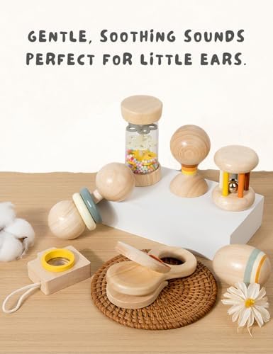 7 Pcs Wooden Baby Toys Set, Organic Rattles & Montessori Musical Toys - Image 3