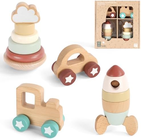 FReniland Wooden Montessori Toys, 4-Piece Wooden Baby Toy, Rainbow Stacking Ring,Car Push and Pull Toy, Rocket Stacking Ring Babys Toys,Newborn Baby Gift Sets for Boys and Girls by Freniland
