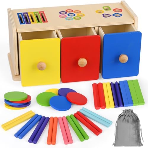 Wooden Montessori Toys for 1+ Year Old, Fine Motor Skills Sensory Preschool Learning Educational Toys, 3 in 1 Color Sorting Drawer Box Toddler Gifts for Boys & Girls 12-36 Months by BoxNobleOffical