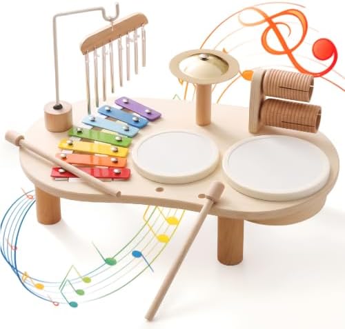 Wooden Drum Set for Toddlers 1-3, Montessori Musical Toy for Kids by PromiseBabe