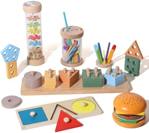 BESTAMTOY 5 in 1 Wooden Educational Learning Toy Set, Montessori Toys for 1 2 3 Year Old,Baby Rain Stick Sensory Fine Motor Skills Toys, Shape Sorter Stacking Puzzle Gifts for Toddlers Boys Girls by BESTAMTOY