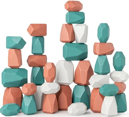 Comfy Cubs Stacking Rocks 36 Pieces, 36 Months+, Educational Toddler Stacking Blocks, Promotes Imagination, Balance & Fine Motor Skills - Wooden Rocks Sensory Toys Gift for Kid, Dino Pack by ComfyCubs