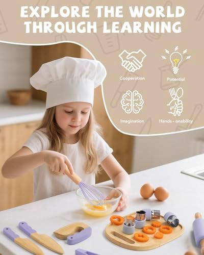 Wooden Kids Cooking Set Montessori Kit - Real Toddler Kitchen Tools & Baking Utensils - 30PCS Cooking Kit for Kids with Storage Bag, Great Gift for Pretend Play & Montessori Learning (Purple) - Image 5