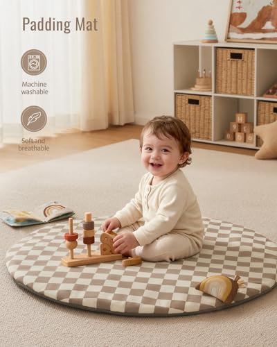 Blissful Diary Baby Play Gym Mat, Play Mat Activity Mat with 6 Detachable Toys for Stage-Based Sensory & Motor Skill Development, Easy to Install & Clean, Baby Essentials Gift, Brown Checkerboard - Image 6