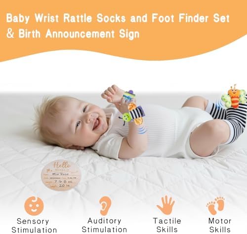 Twefex Wooden Montessori Learning Toy Set, Sensory and Thinking Play Set for Toddlers, 5-in-1 Bath Toys, Cloth Book, Hand and Foot Rattles, and Baby Sensory Toys Soft Hanging - Image 3
