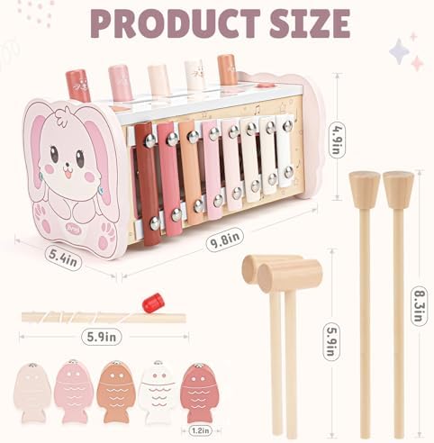Joyreal Pink Wooden Montessori Toys for 1 Year Old Hammering Pounding Toys - Image 2