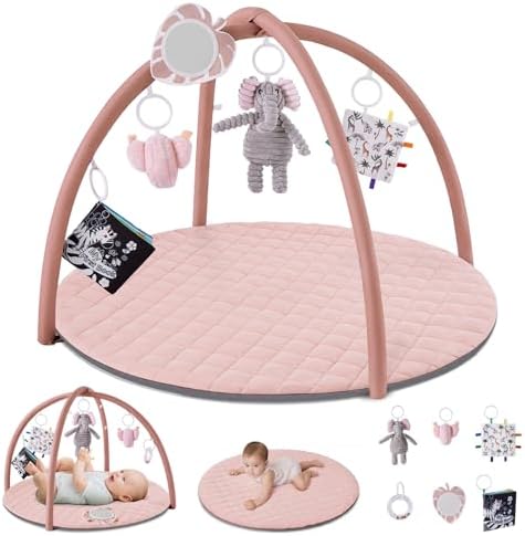 Blissful Diary Baby Play Gym Mat, Tummy Time Activity Mat with 6 Detachable Toys for Skill Development, Baby Essentials Gift, Soft Pink by BlissfulDiary