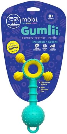 Mobi Gumlii Sensory Teether Toy - Rattle Baby Teething Toy, Food Grade Silicone Newborn Baby Sensory Teether, BPA and Phthalate Free - for 0-6 Months Newborns by M%C3%B6bi