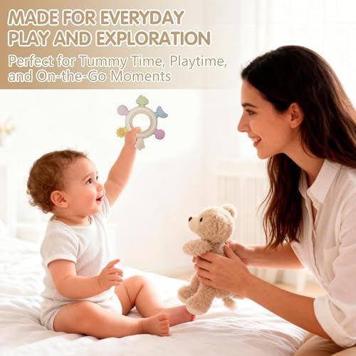 Baby Teether Ring for 0–12 Months, Detachable Wooden Silicone Teether with Easy-Grip Round Design, Sensory Teething Toy with Soft Textured Tips for Early Development - Image 3
