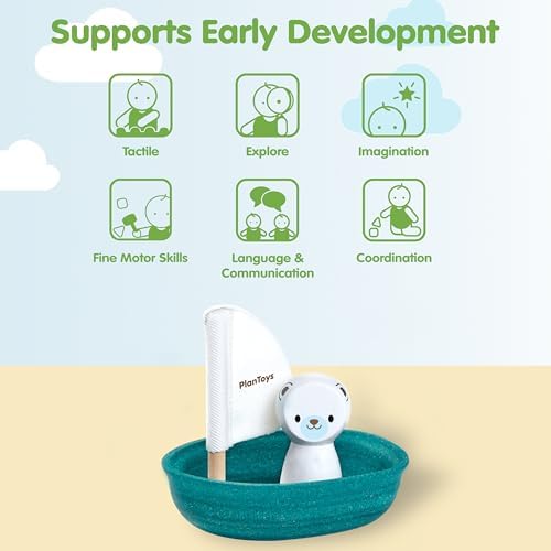 PlanToys® Polar Bear Sailing Boat Bath Toy for Toddlers, Montessori Wooden - Image 4