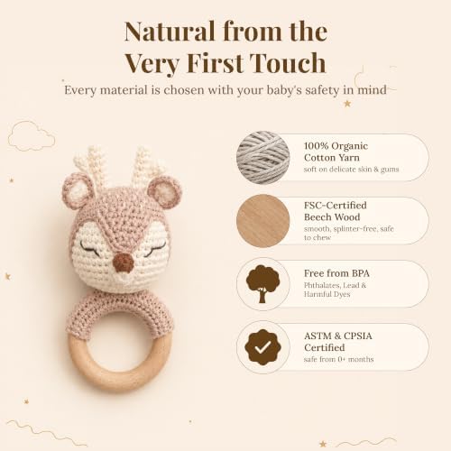 Néa Archí Crochet Baby Rattle, Organic Cotton & Beech Wood, Deer - Image 6
