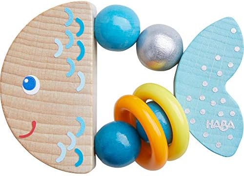 HABA Rattlefish Wooden Baby Rattle with Plastic Rings, Sensory Toys 6-12 Months & Grasping Toy for Babies, Made in Germany by HABA