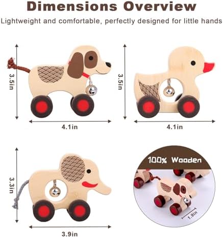 Wooden Animal Rattle with Bell - Baby Toys 6-12 Months & Toddler Toys 1-3 Years | Montessori Sensory Shakers, Nursery Decor Gift Set (Dog, Duck, Elephant) - Image 3