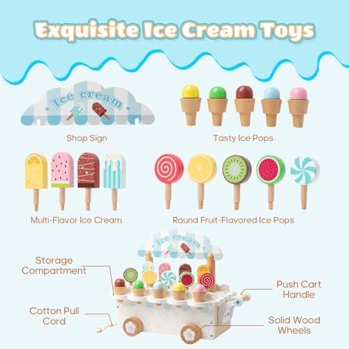 BROWNROOT Wooden Ice Cream Cart, Pull Along Pretend Play Toy for Kids - Image 3