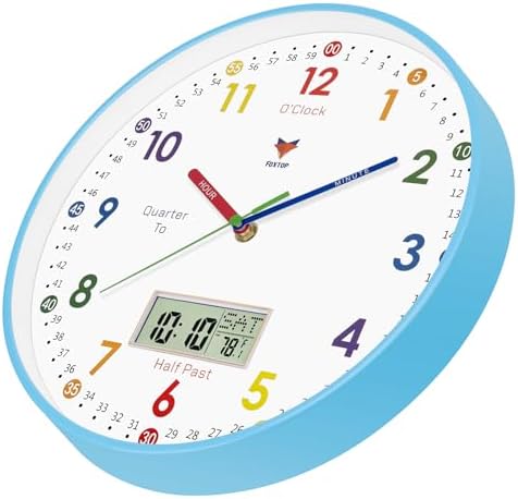 Foxtop Digital and Analog Learning Clock for Kids - Telling Time Teaching Clock 12 Inch Silent Non-Ticking Battery Operated Kids Wall Clock for Kids Room Playroom Nursery Classroom School (Blue) - Image 6