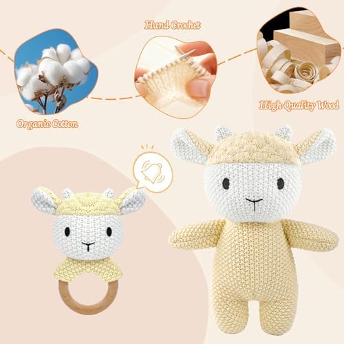 10" Crochet Sheep Stuffed Animal with Rattle, Pure Cotton Soft Crochet Doll Plush Toy for Newborn, Handmade First Birthday Gift - Image 3