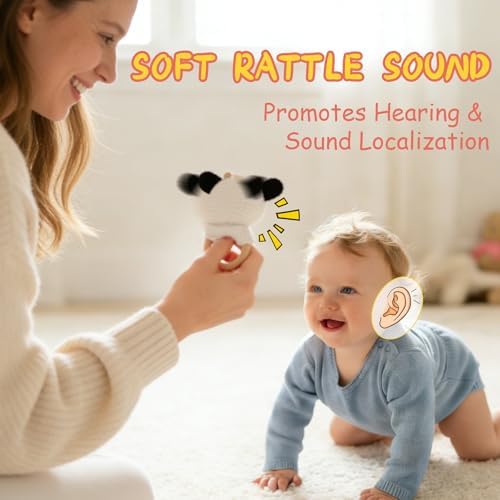 Cow Baby Rattle Sensory Toy Knitted Plush Stuffed Animal Teether Wood Ring Visual Tracking Auditory Development Shaker for Infants 3-9 Months Baby Birthday Shower Gift Infant Toys Gift - Image 4