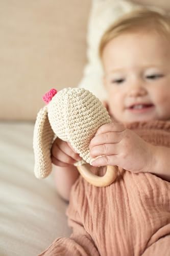 Wooden Baby Rattle - Bunny - Newborn - Crochet - Cream, White, Pink - Image 3