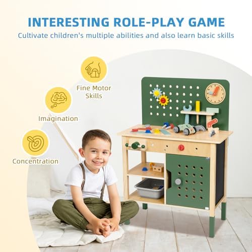 OOOK Kids Tool Bench，Wooden Toddler Workbench with Tools Set，Large Storage Wooden Tool Workbench for Kids Age 3-5，Pretend Play Construction Set Gift for Boys Girls - Image 6